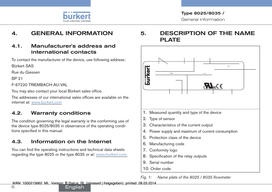 General information, Description of the name plate | Burkert Type 8035 User Manual | Page 6 / 174