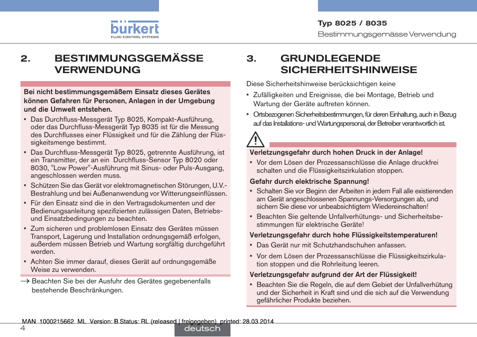 Bestimmungsgemässe verwendung, Grundlegende sicherheitshinweise | Burkert Type 8035 User Manual | Page 60 / 174