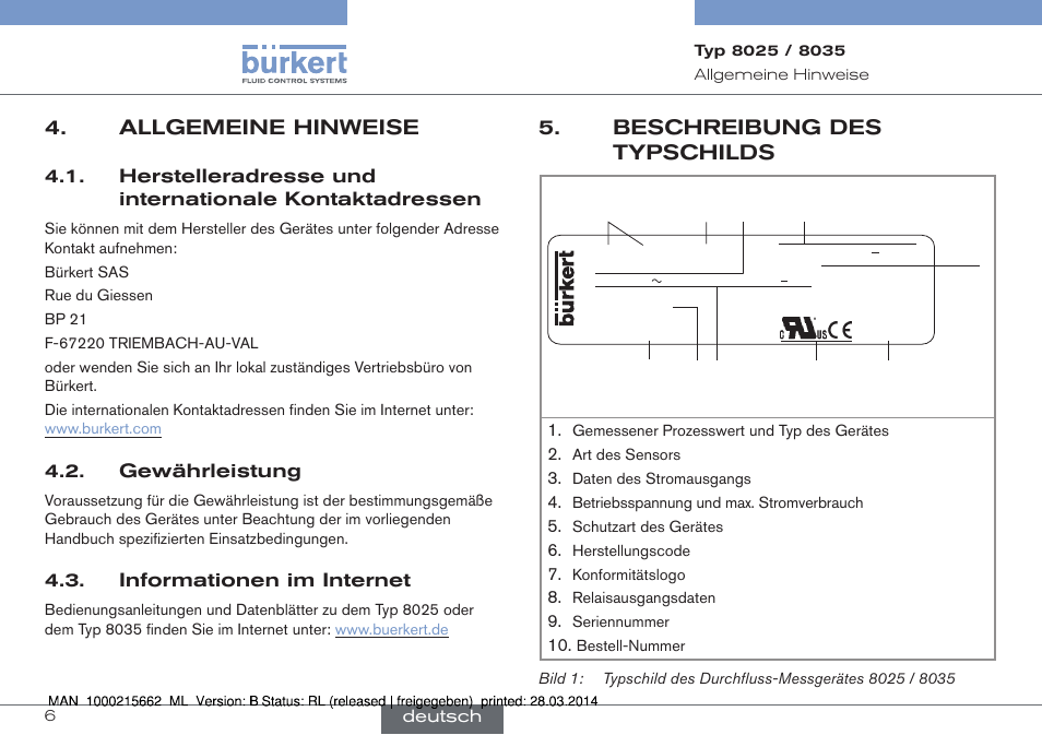 Allgemeine hinweise, Beschreibung des typschilds | Burkert Type 8035 User Manual | Page 62 / 174