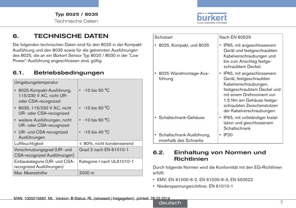 Technische daten | Burkert Type 8035 User Manual | Page 63 / 174