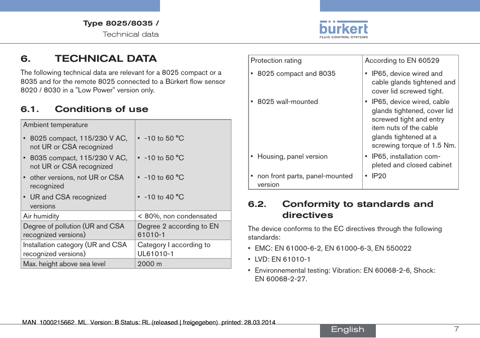 Technical data | Burkert Type 8035 User Manual | Page 7 / 174