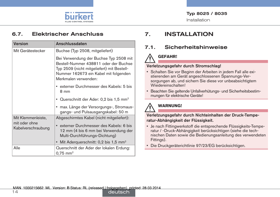 Installation | Burkert Type 8035 User Manual | Page 70 / 174