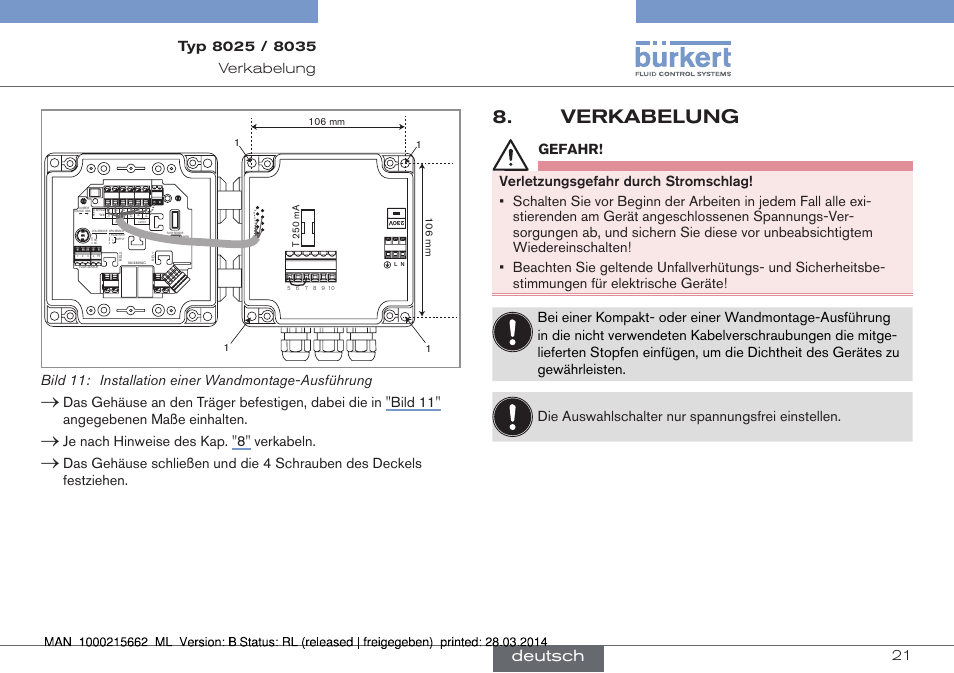 Verkabelung, Deutsch, Bild 11: installation einer wandmontage-ausführung | Je nach hinweise des kap. "8" verkabeln | Burkert Type 8035 User Manual | Page 77 / 174