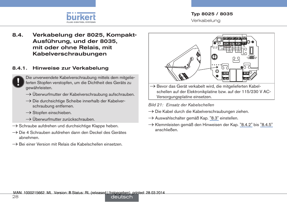 Hinweise zur verkabelung, Deutsch | Burkert Type 8035 User Manual | Page 84 / 174