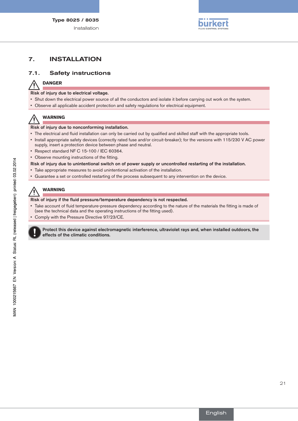 Installation, Safety instructions | Burkert Type 8025 User Manual | Page 21 / 66