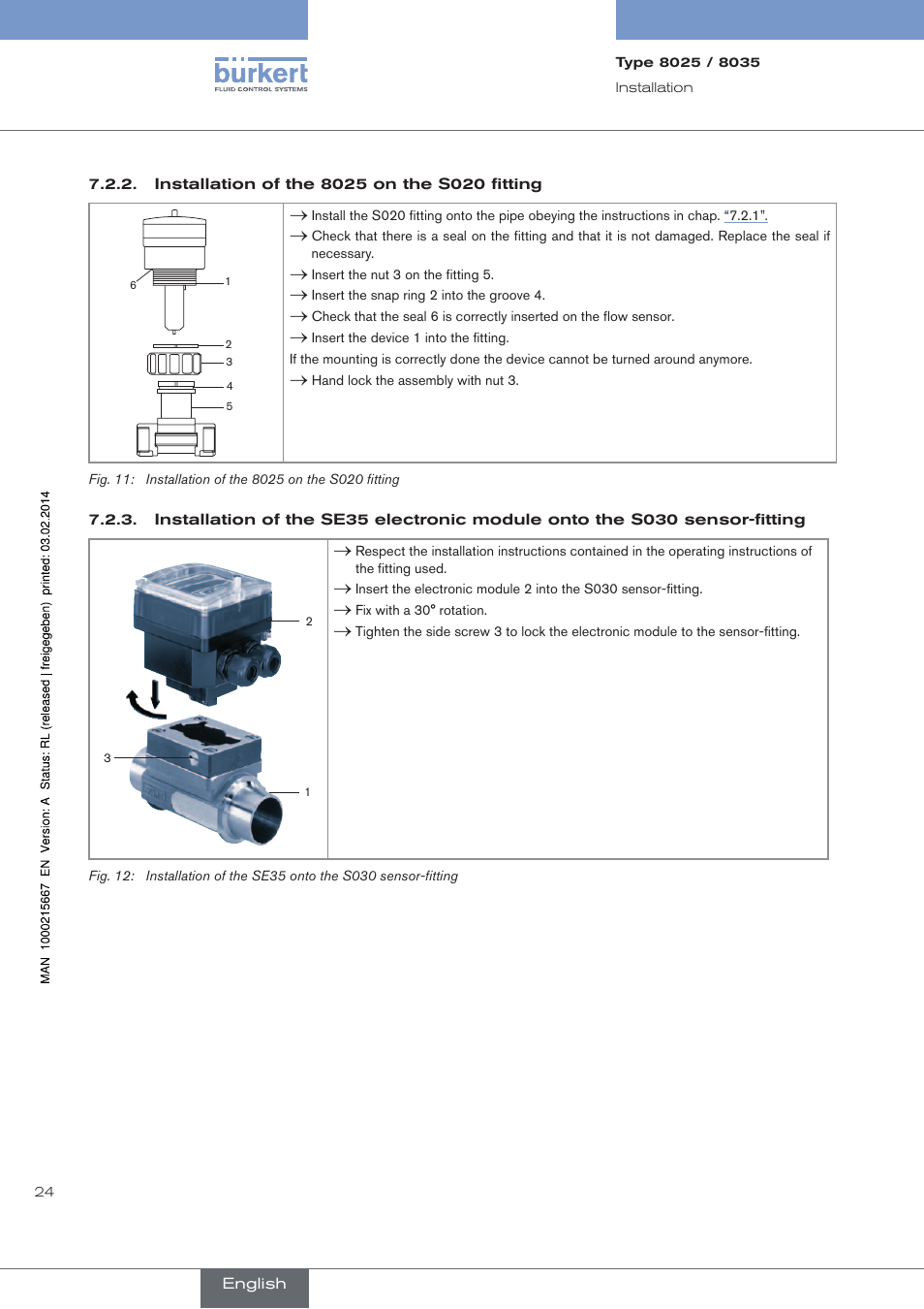 Installation of the 8025 on the s020 fitting | Burkert Type 8025 User Manual | Page 24 / 66