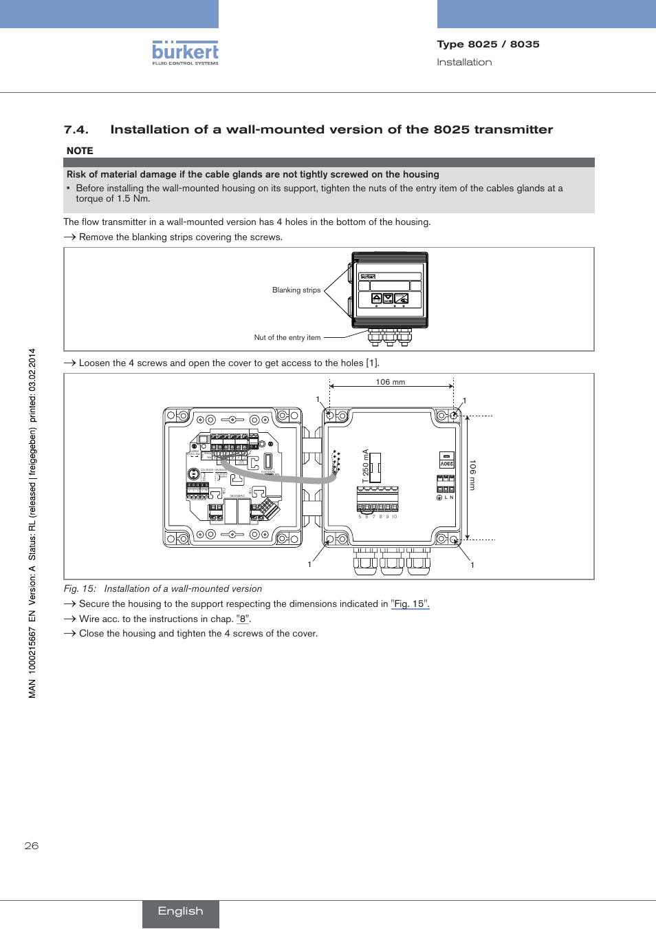 English, Remove the blanking strips covering the screws, Fig. 15: installation of a wall-mounted version | Wire acc. to the instructions in chap. "8, 106 mm | Burkert Type 8025 User Manual | Page 26 / 66