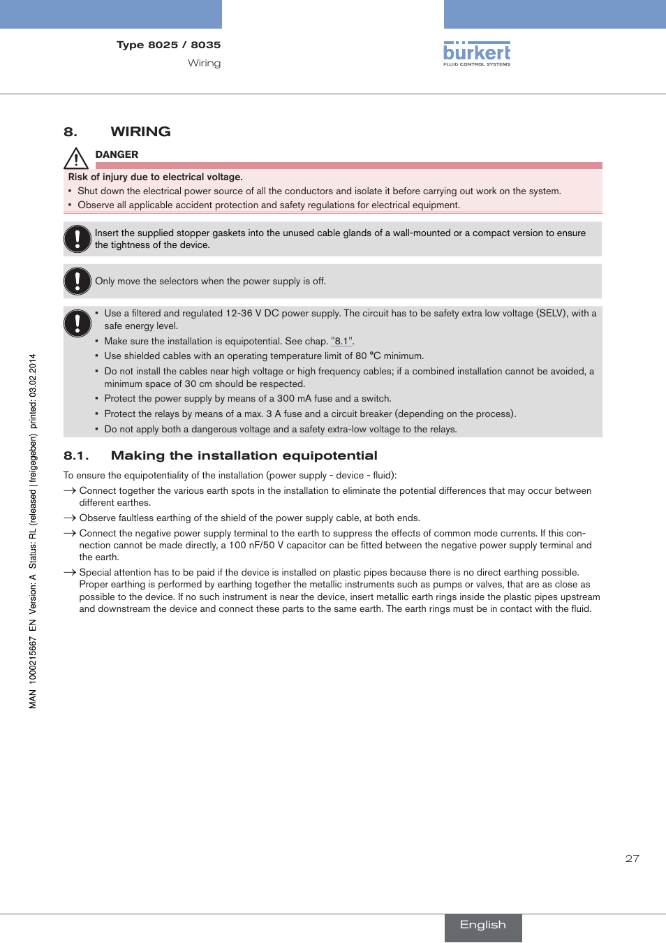 Wiring, Making the installation equipotential | Burkert Type 8025 User Manual | Page 27 / 66