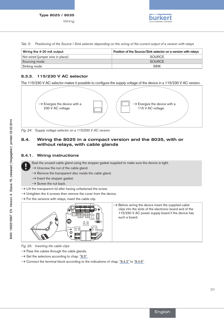 115/230 v ac selector, Wiring instructions | Burkert Type 8025 User Manual | Page 31 / 66