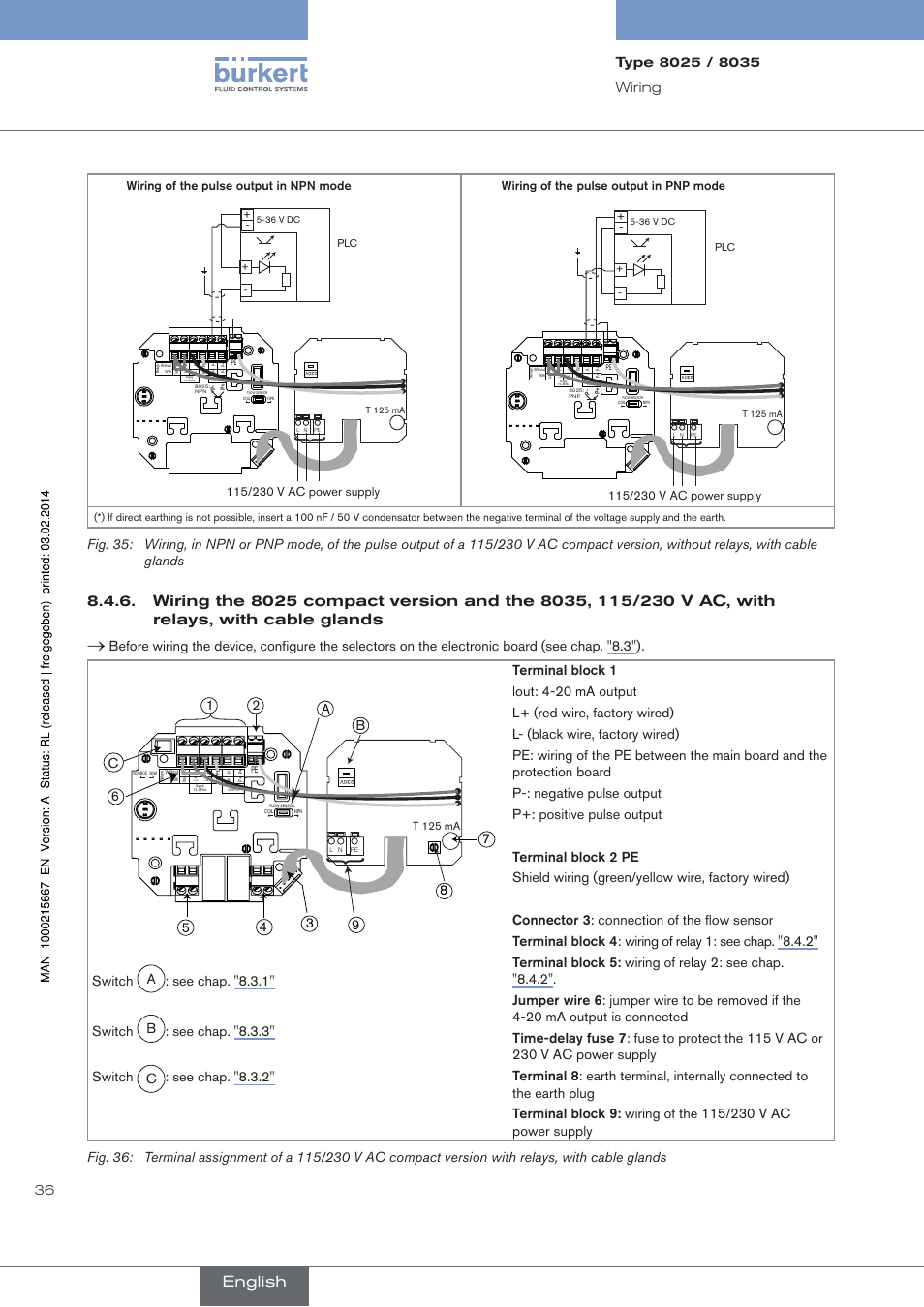 English, Wiring of the pulse output in npn mode, Wiring of the pulse output in pnp mode | Burkert Type 8025 User Manual | Page 36 / 66