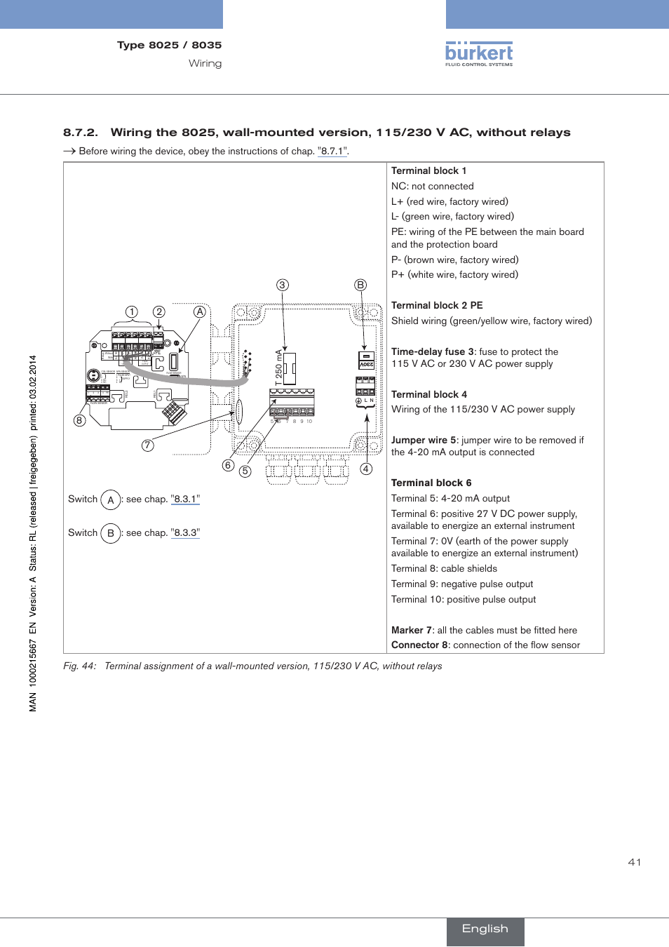 English, T 250 ma | Burkert Type 8025 User Manual | Page 41 / 66