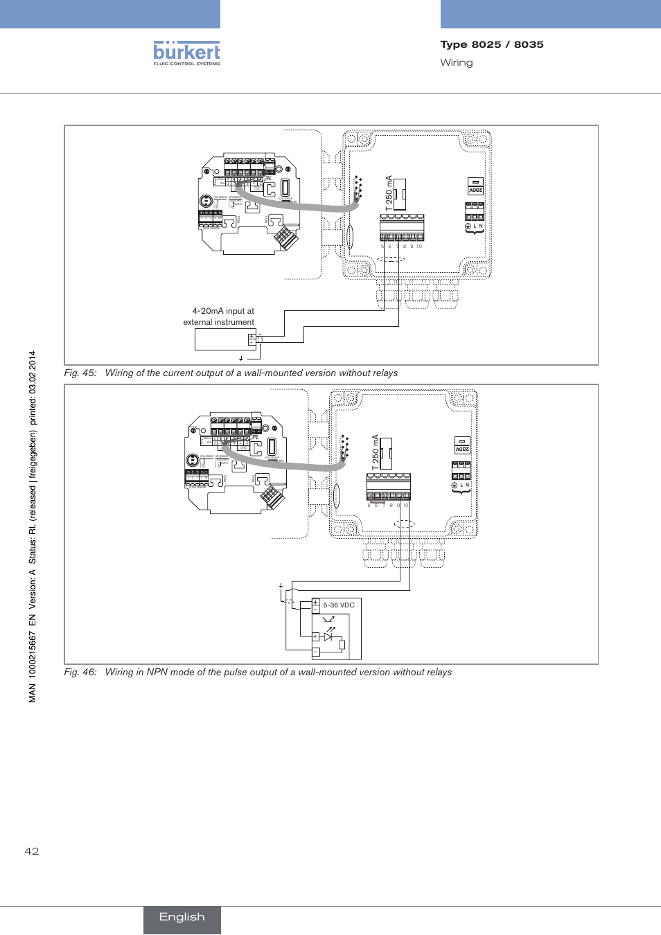 English, T 250 ma, 20ma input at external instrument | Burkert Type 8025 User Manual | Page 42 / 66