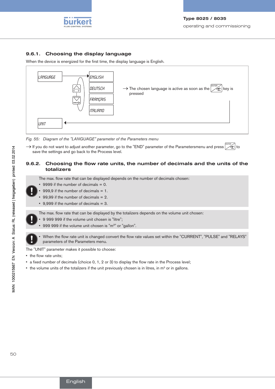 Choosing the display language | Burkert Type 8025 User Manual | Page 50 / 66