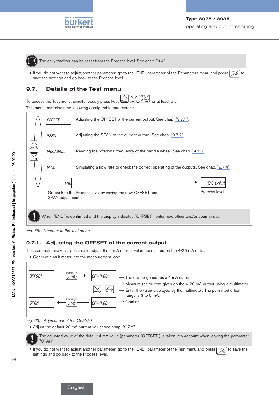 Details of the test menu, Adjusting the offset of the current output, Fig. 21 | Fig. 25, Fig. 43, Fig. 44, Fig. 48, Fig. 46 | Burkert Type 8025 User Manual | Page 56 / 66