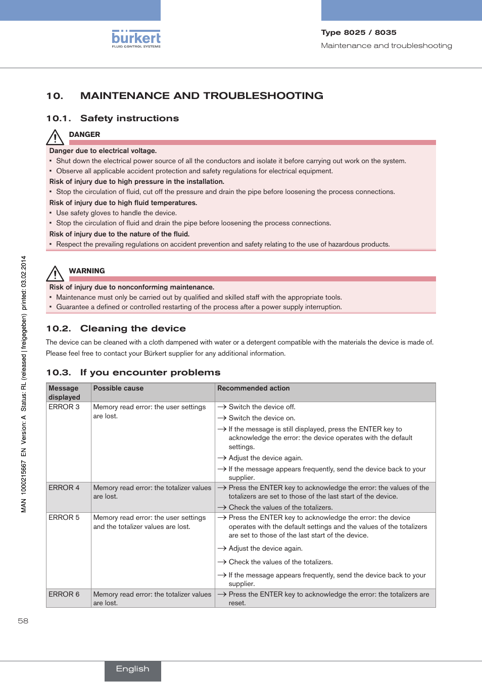 Maintenance and troubleshooting, Safety instructions, Cleaning the device | If you encounter problems | Burkert Type 8025 User Manual | Page 58 / 66