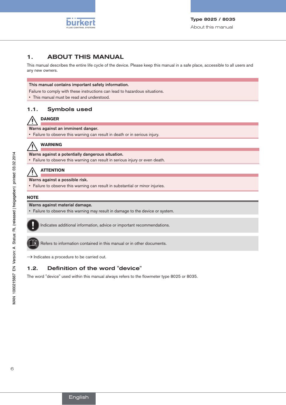 About this manual, Symbols used, Definition of the word "device | Burkert Type 8025 User Manual | Page 6 / 66