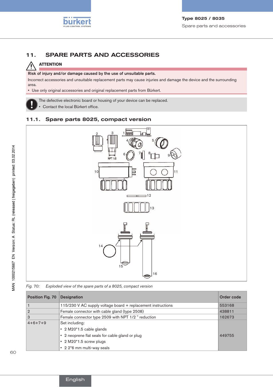 Spare parts and accessories, Spare parts 8025, compact version | Burkert Type 8025 User Manual | Page 60 / 66