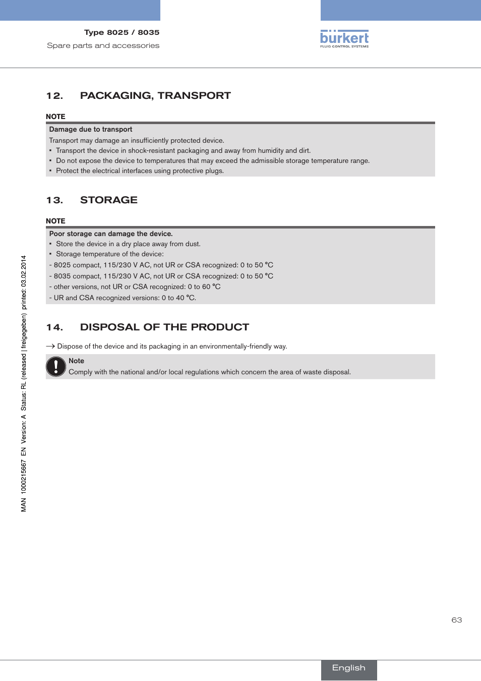 Packaging, transport, Storage, Disposal of the product | Burkert Type 8025 User Manual | Page 63 / 66