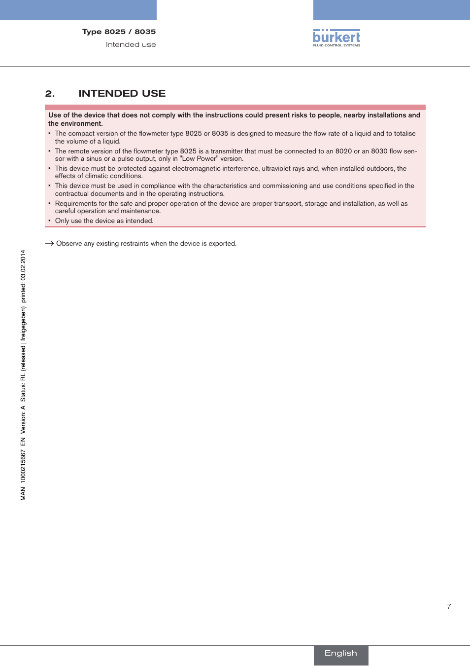 Intended use | Burkert Type 8025 User Manual | Page 7 / 66