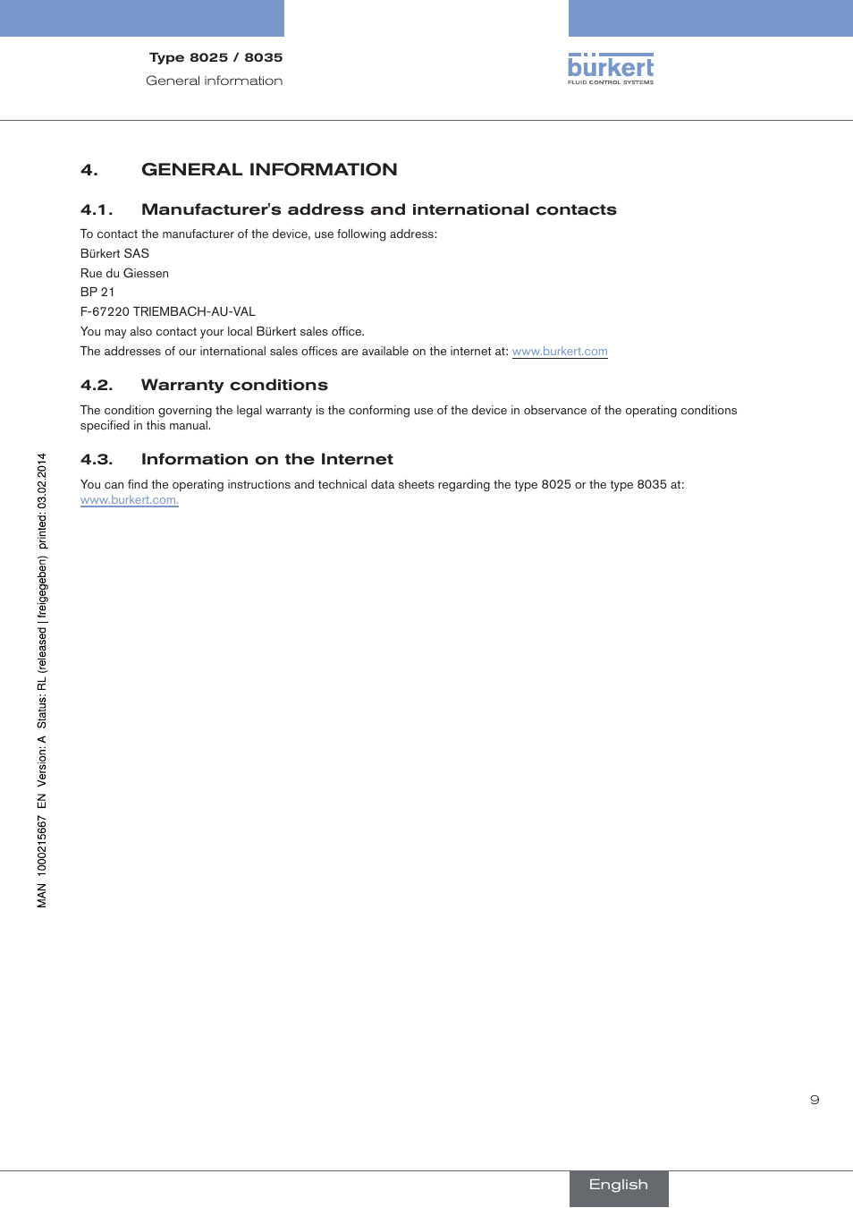 General information, Manufacturer's address and international contacts, Warranty conditions | Information on the internet | Burkert Type 8025 User Manual | Page 9 / 66