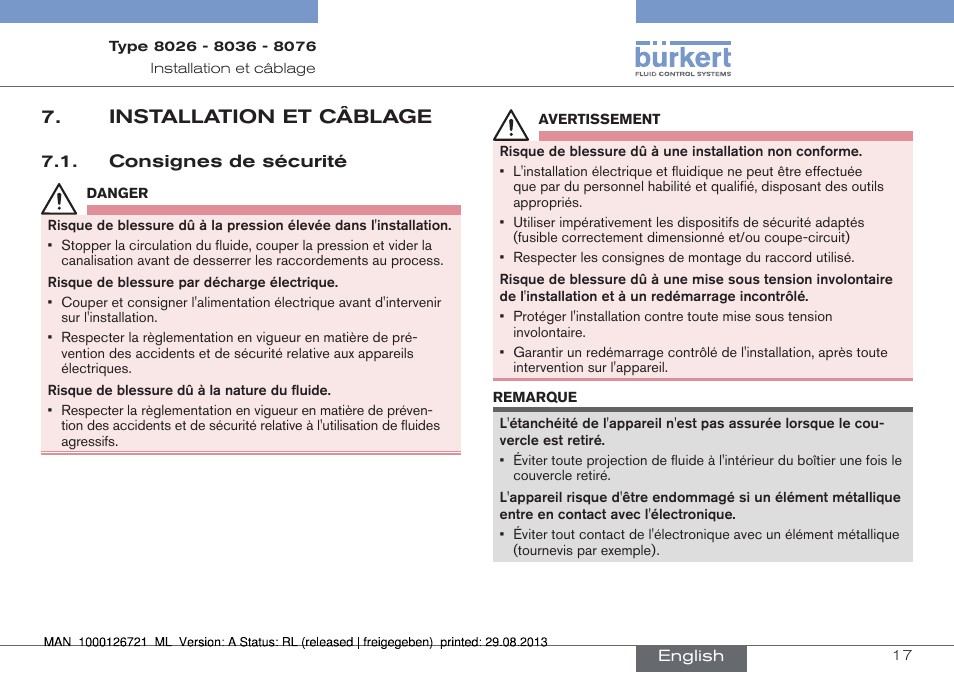 Installation et câblage | Burkert Type 8076 User Manual | Page 101 / 128