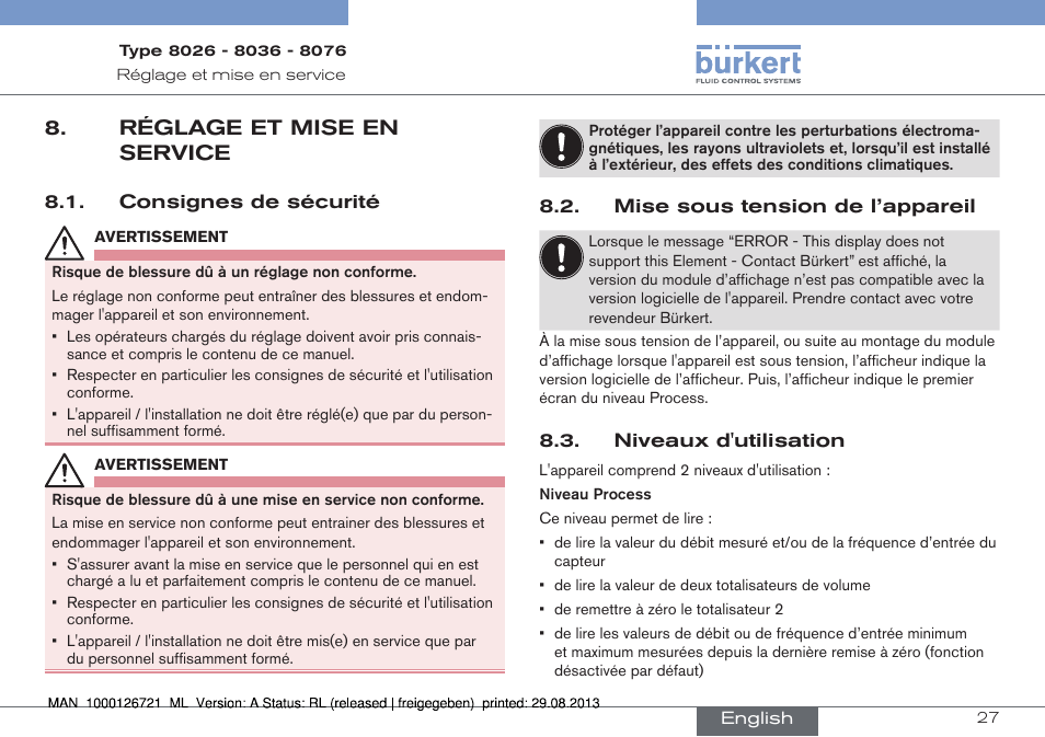 Réglage et mise en service | Burkert Type 8076 User Manual | Page 111 / 128