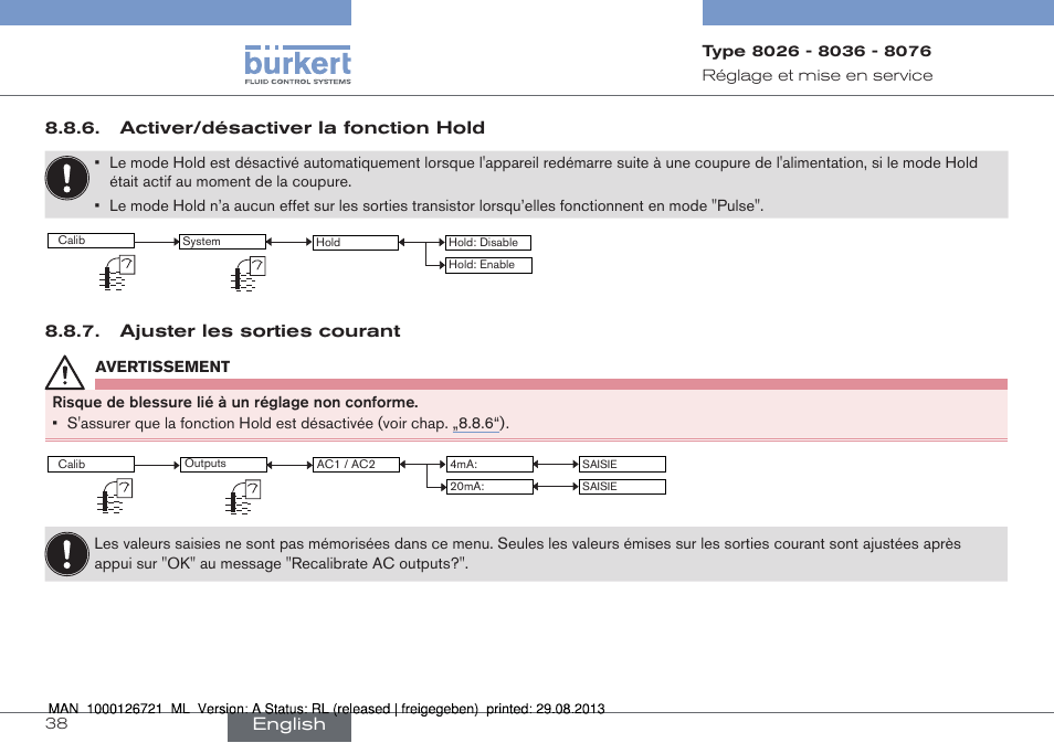 Activer/désactiver la fonction hold, Ajuster les sorties courant, English | Burkert Type 8076 User Manual | Page 122 / 128