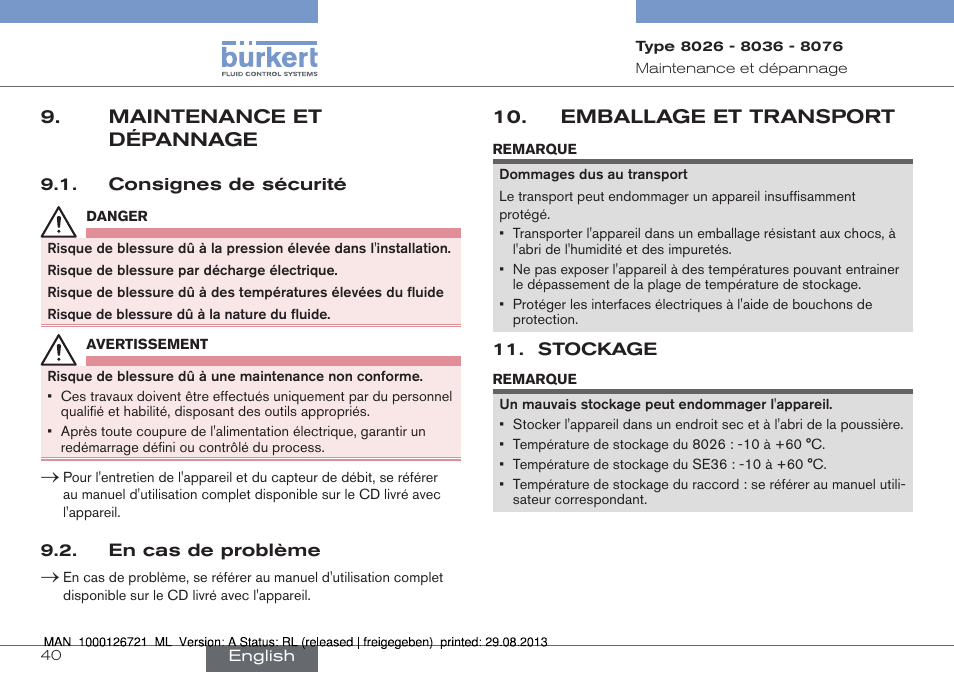 Maintenance et dépannage, Emballage et transport | Burkert Type 8076 User Manual | Page 124 / 128