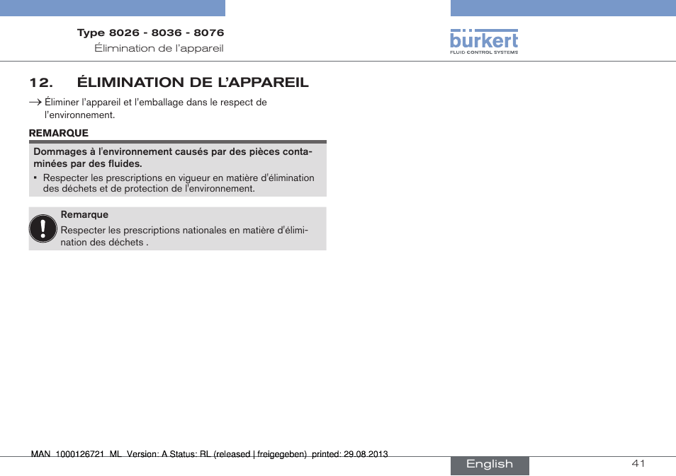 Élimination de l’appareil | Burkert Type 8076 User Manual | Page 125 / 128