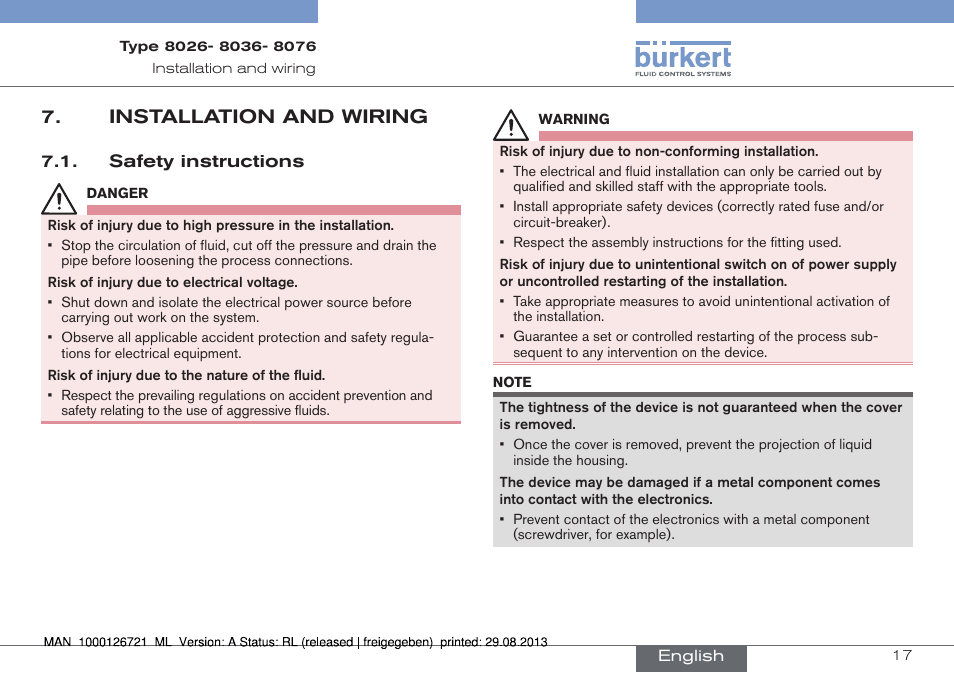 Installation and wiring | Burkert Type 8076 User Manual | Page 17 / 128