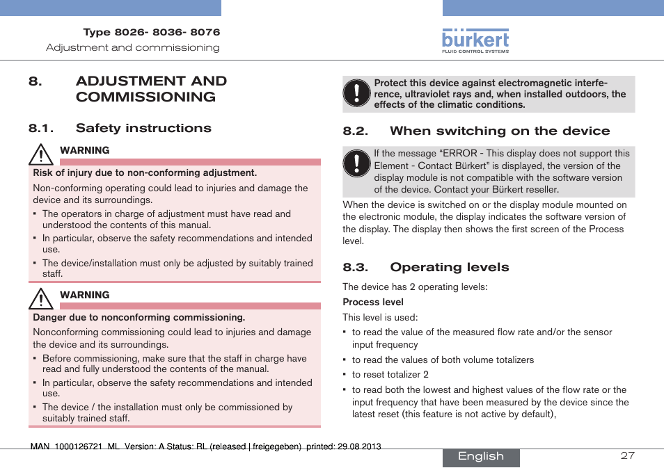 Adjustment and commissioning | Burkert Type 8076 User Manual | Page 27 / 128