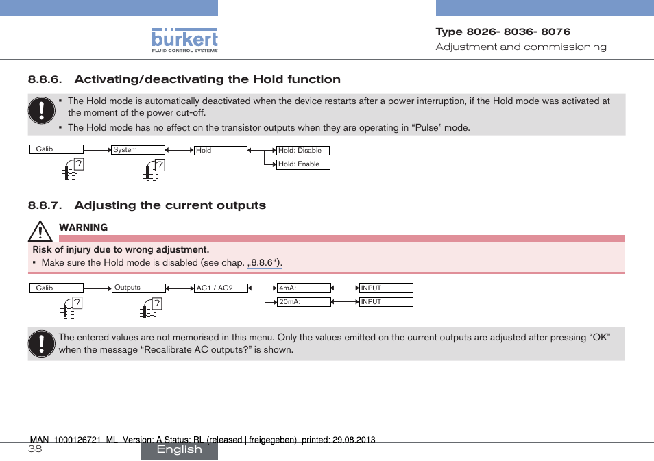 Activating/deactivating the hold function, Adjusting the current outputs, English | Burkert Type 8076 User Manual | Page 38 / 128