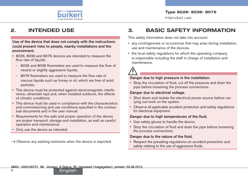 Intended use, Basic safety information | Burkert Type 8076 User Manual | Page 4 / 128