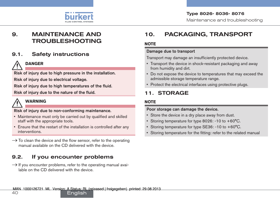 Maintenance and troubleshooting, Packaging, transport | Burkert Type 8076 User Manual | Page 40 / 128