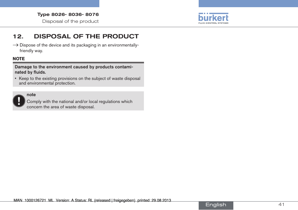 Disposal of the product | Burkert Type 8076 User Manual | Page 41 / 128