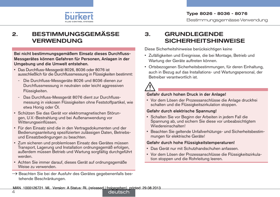 Bestimmungsgemässe verwendung, Grundlegende sicherheitshinweise | Burkert Type 8076 User Manual | Page 46 / 128