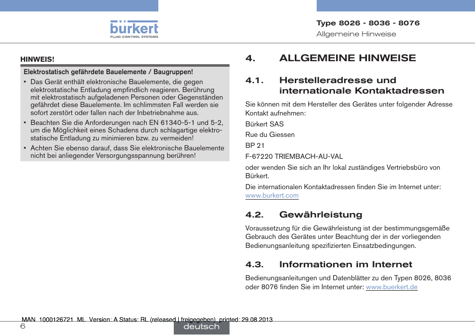 Allgemeine hinweise | Burkert Type 8076 User Manual | Page 48 / 128