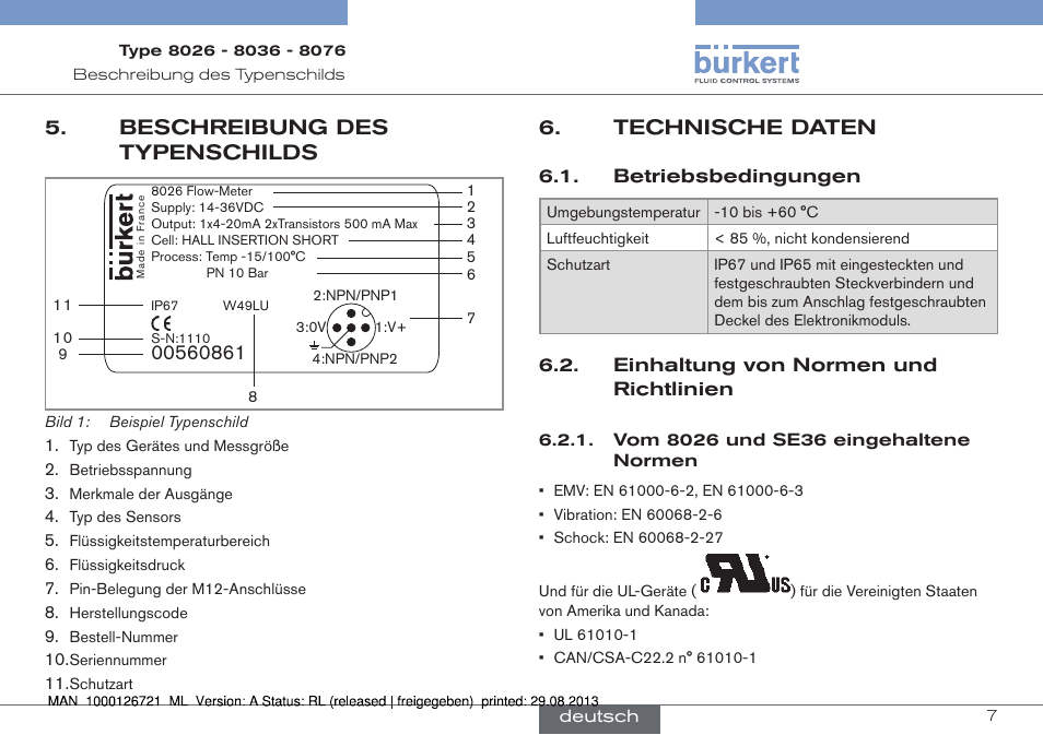 Beschreibung des typenschilds, Technische daten | Burkert Type 8076 User Manual | Page 49 / 128