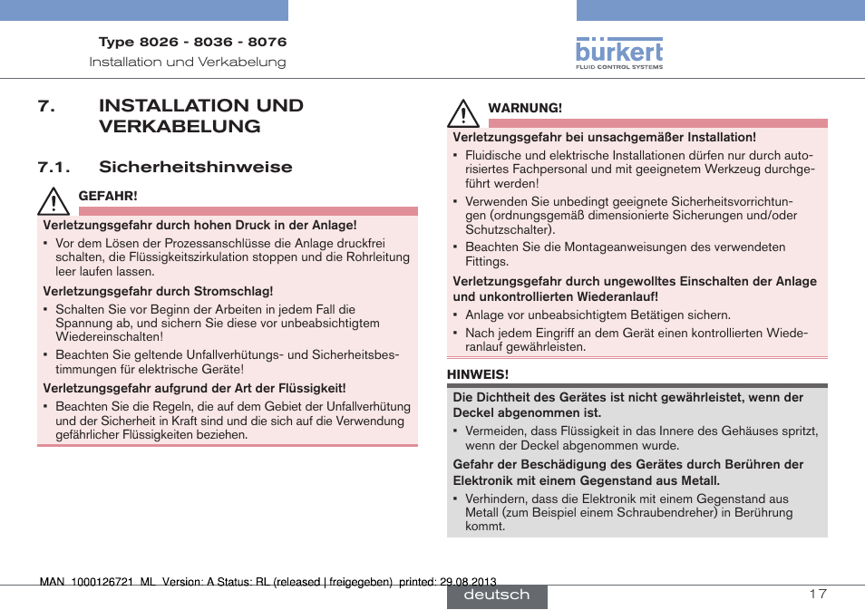 Installation und verkabelung | Burkert Type 8076 User Manual | Page 59 / 128