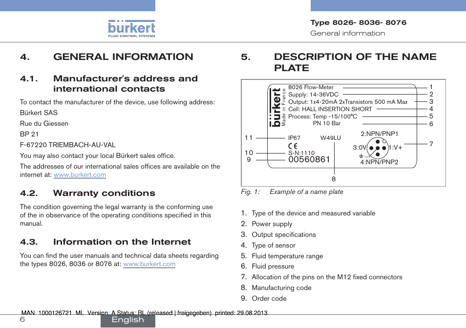 General information, Description of the name plate | Burkert Type 8076 User Manual | Page 6 / 128