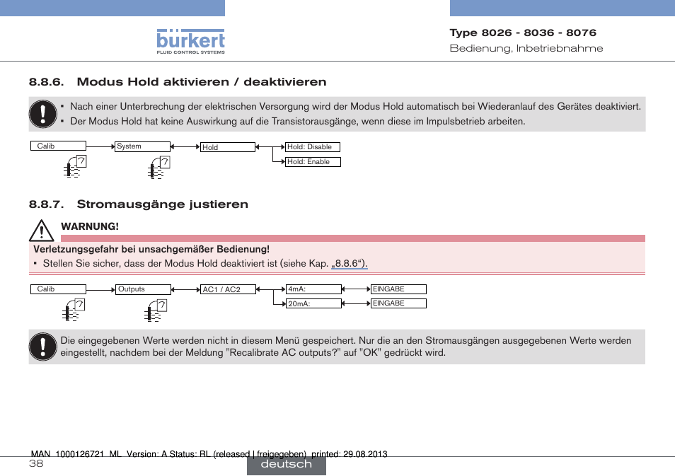 Modus hold aktivieren / deaktivieren, Stromausgänge justieren, Deutsch | Burkert Type 8076 User Manual | Page 80 / 128