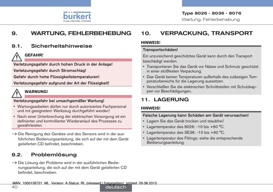 Wartung, fehlerbehebung, Verpackung, transport | Burkert Type 8076 User Manual | Page 82 / 128