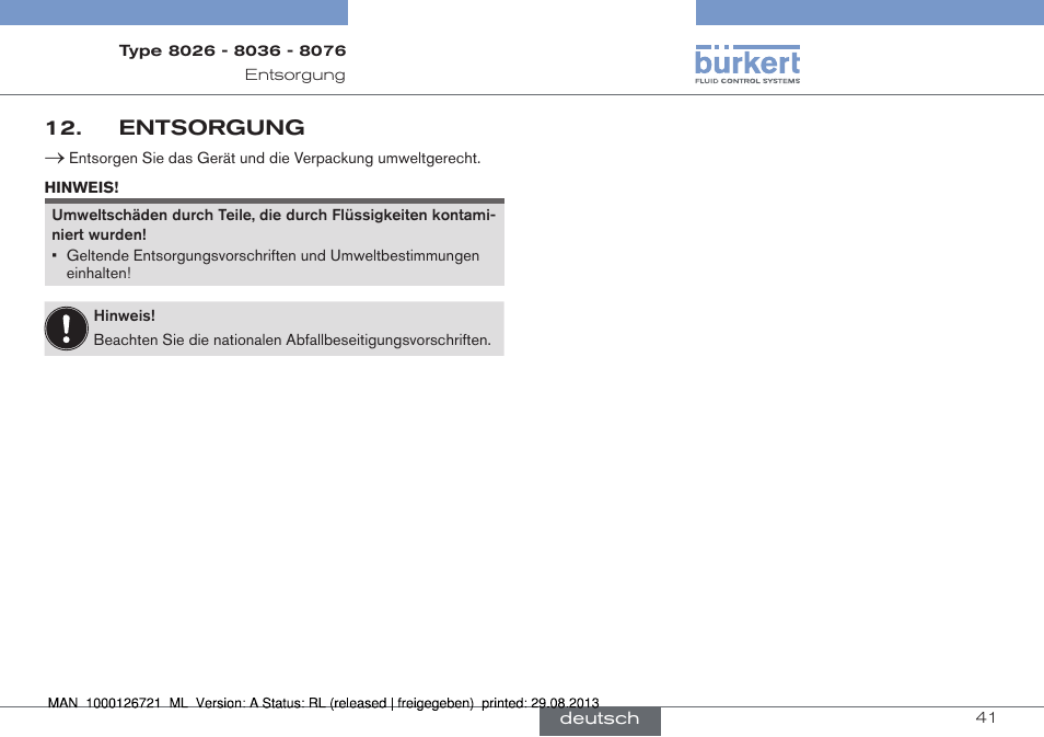 Entsorgung | Burkert Type 8076 User Manual | Page 83 / 128