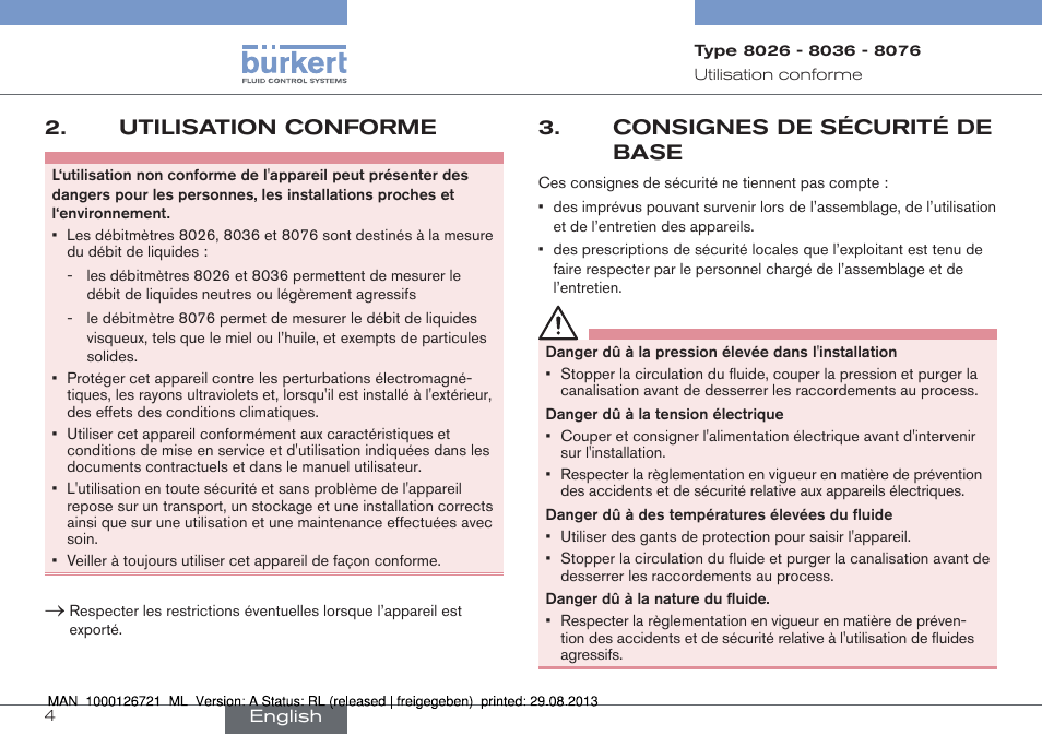 Utilisation conforme, Consignes de sécurité de base | Burkert Type 8076 User Manual | Page 88 / 128