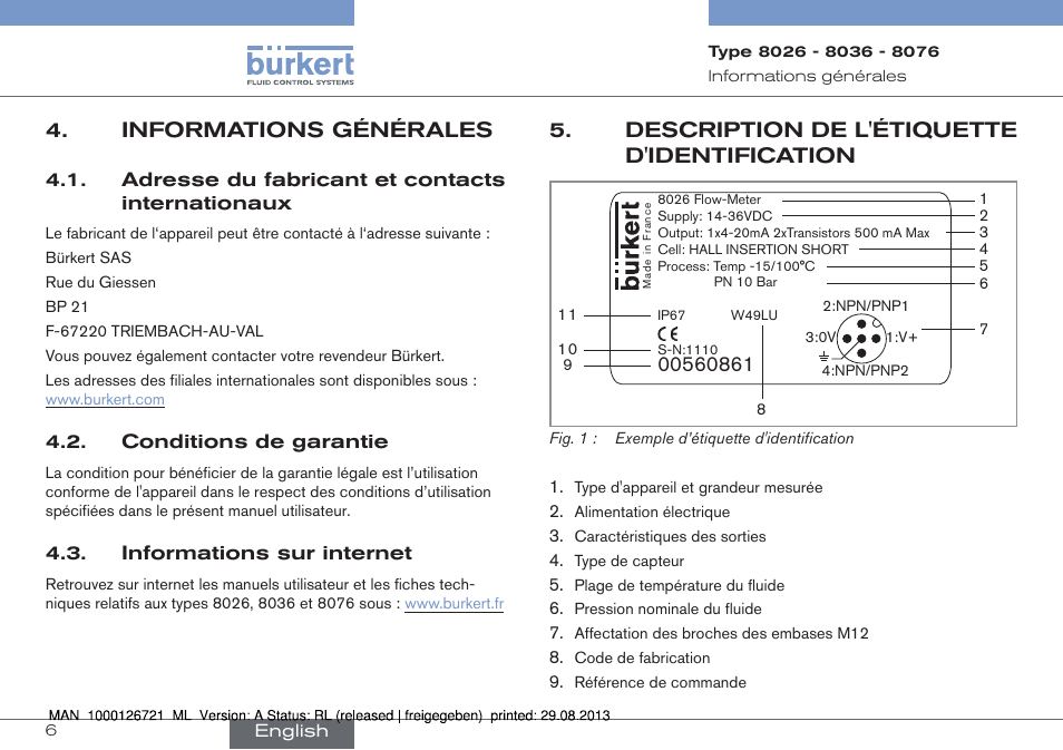 Informations générales, Description de l'étiquette d'identification | Burkert Type 8076 User Manual | Page 90 / 128