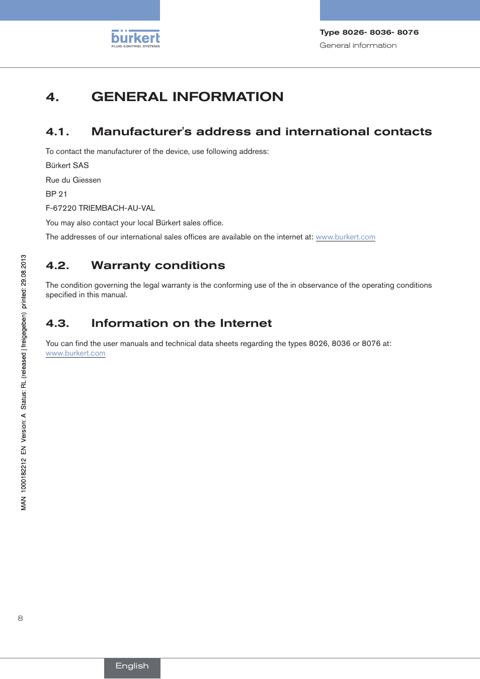 General information, Manufacturer's address and international contacts, Warranty conditions | Information on the internet | Burkert Type 8076 User Manual | Page 10 / 72