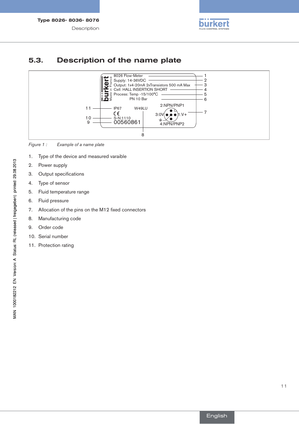 Description of the name plate | Burkert Type 8076 User Manual | Page 13 / 72