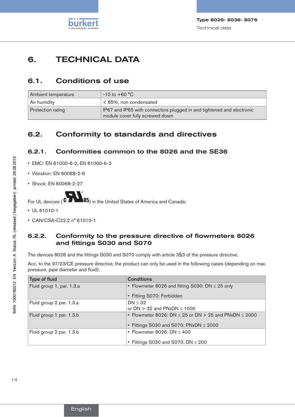 Technical data, Conditions of use, Conformity to standards and directives | Conformities common to the 8026 and the se36 | Burkert Type 8076 User Manual | Page 16 / 72