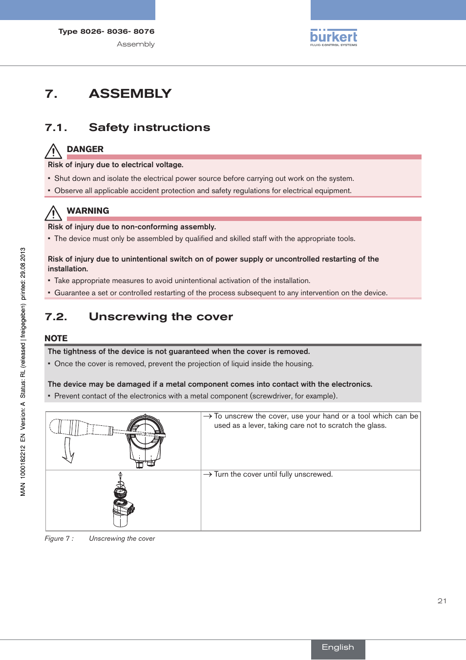 Assembly, Safety instructions, Unscrewing the cover | Burkert Type 8076 User Manual | Page 23 / 72