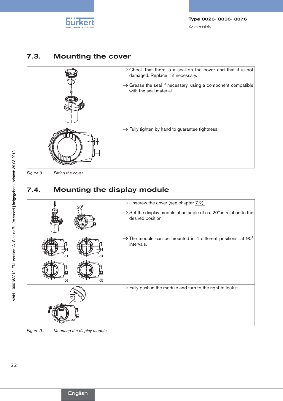 Mounting the cover, Mounting the display module | Burkert Type 8076 User Manual | Page 24 / 72